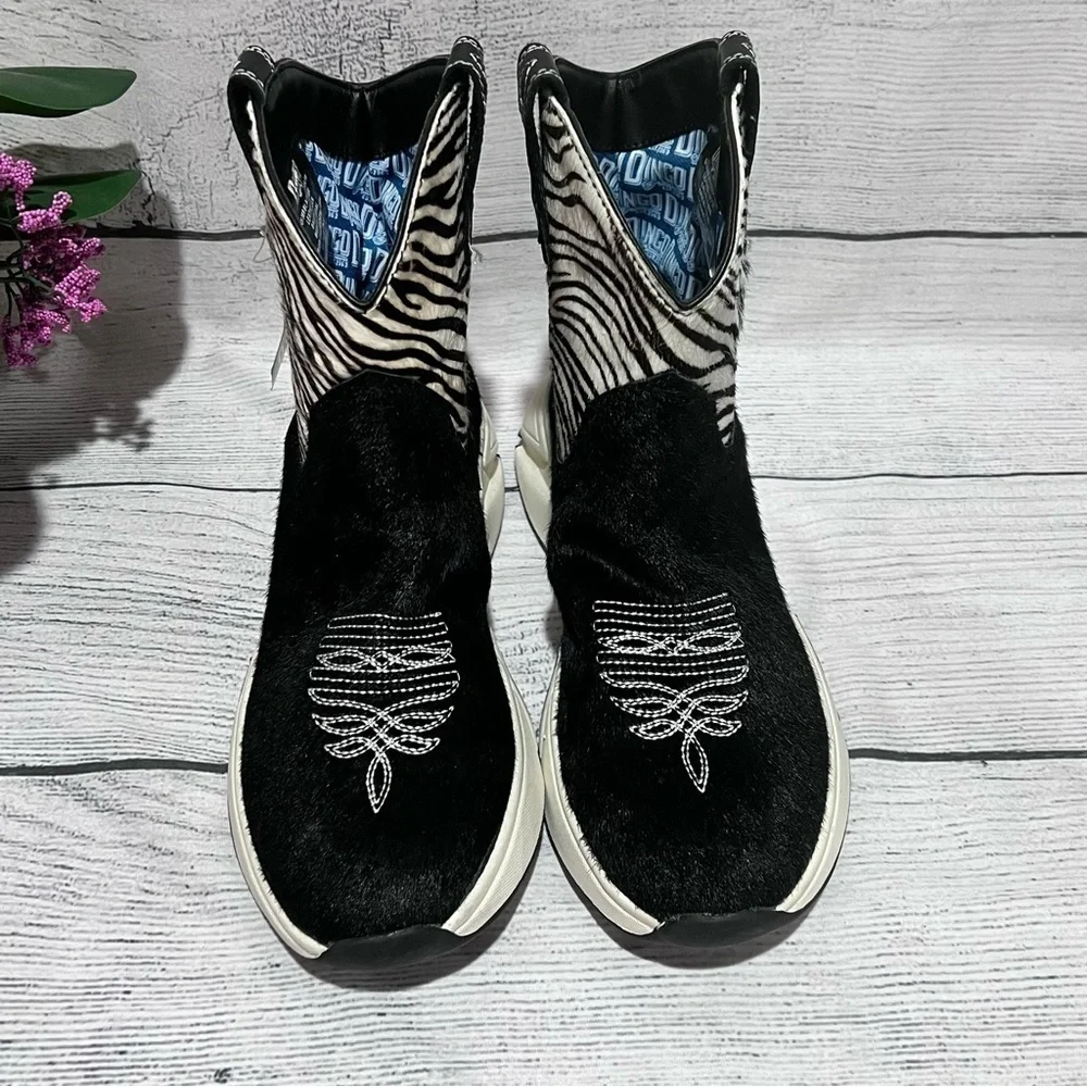DINGO Safari Zebra Calf Hair Leather Pull on Ankle Boots Sneaker Women Size 9M